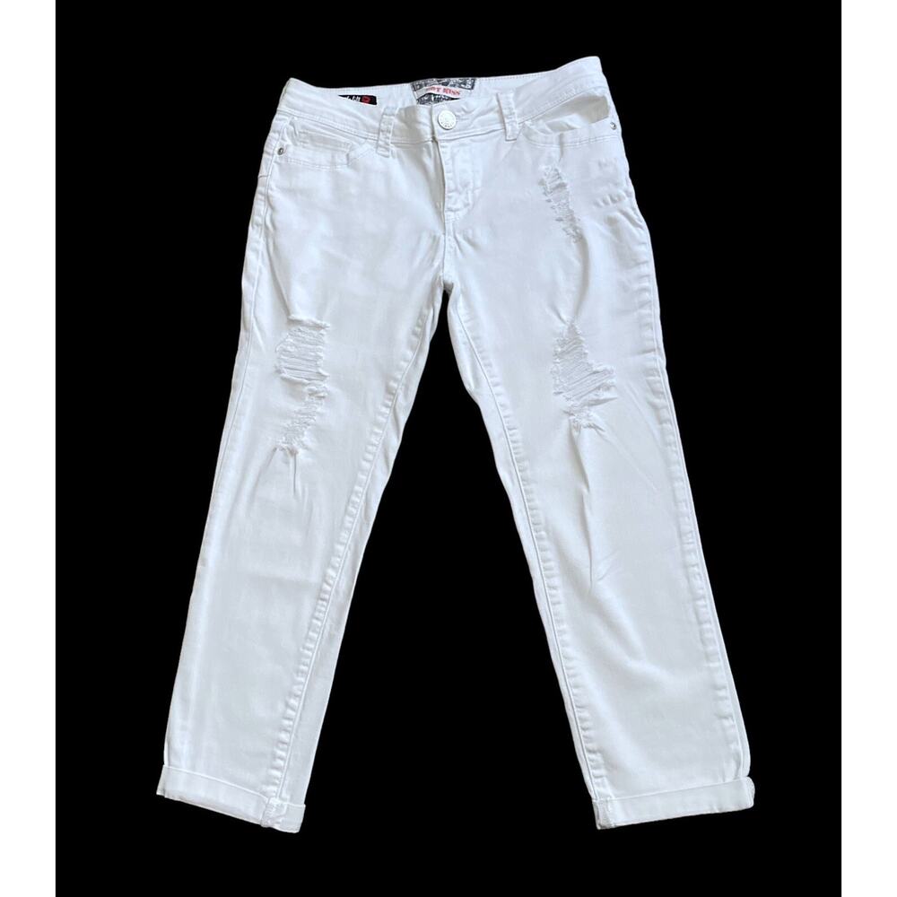 Hot Kiss White Distressed Cropped Jeans Cuffed Low Rise Skinny Womens 5